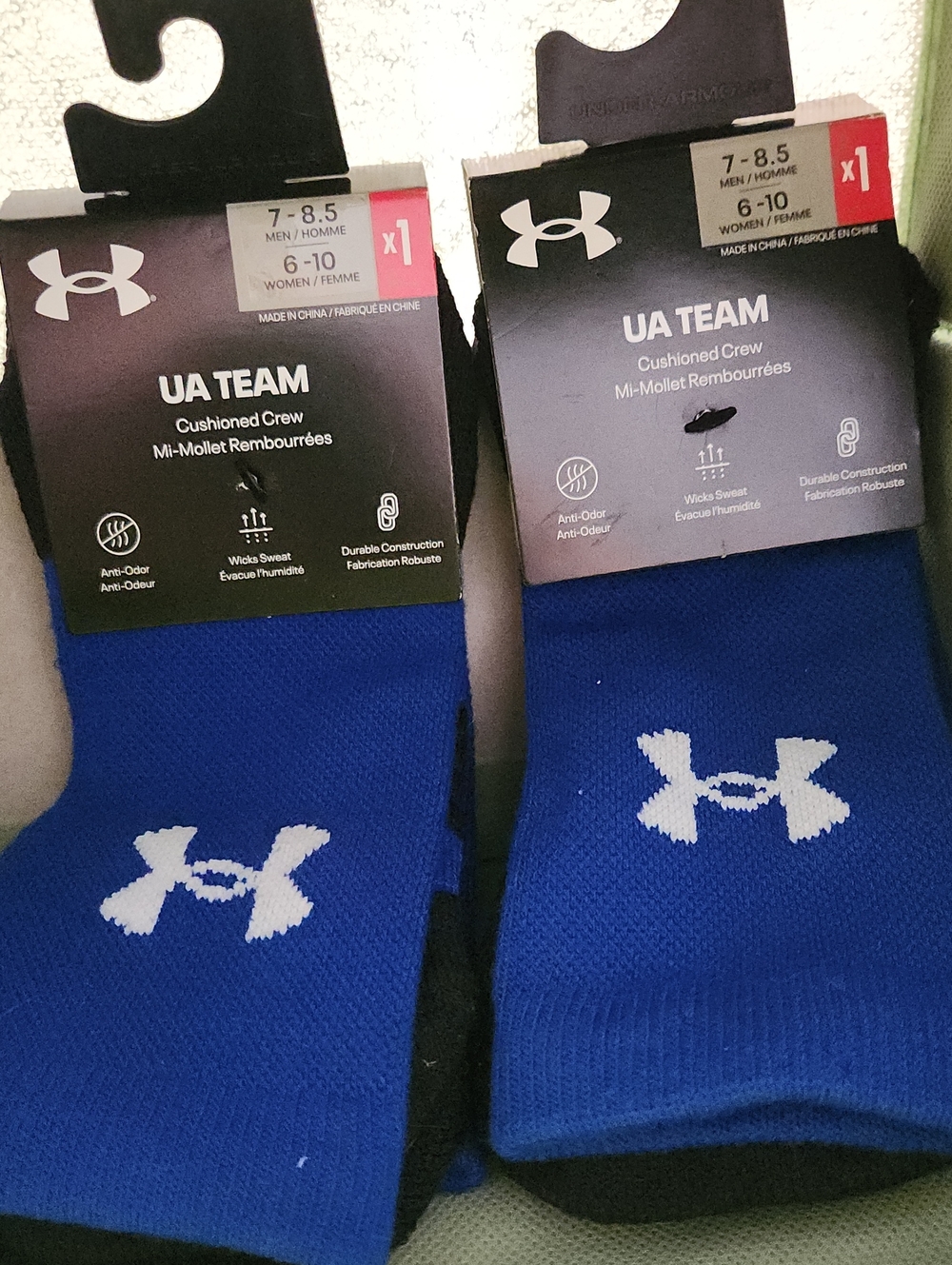 Under Armour UA Team Cushioned Crew Socks Blue Sz 7 -8.5 mens Two Packs Of 2